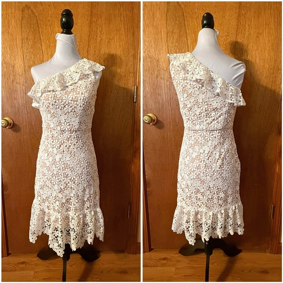 NWT Donna Morgan White Lace Crochet One Shoulder Floral Illusion Mini Dress 2 - Picture 4 of 11